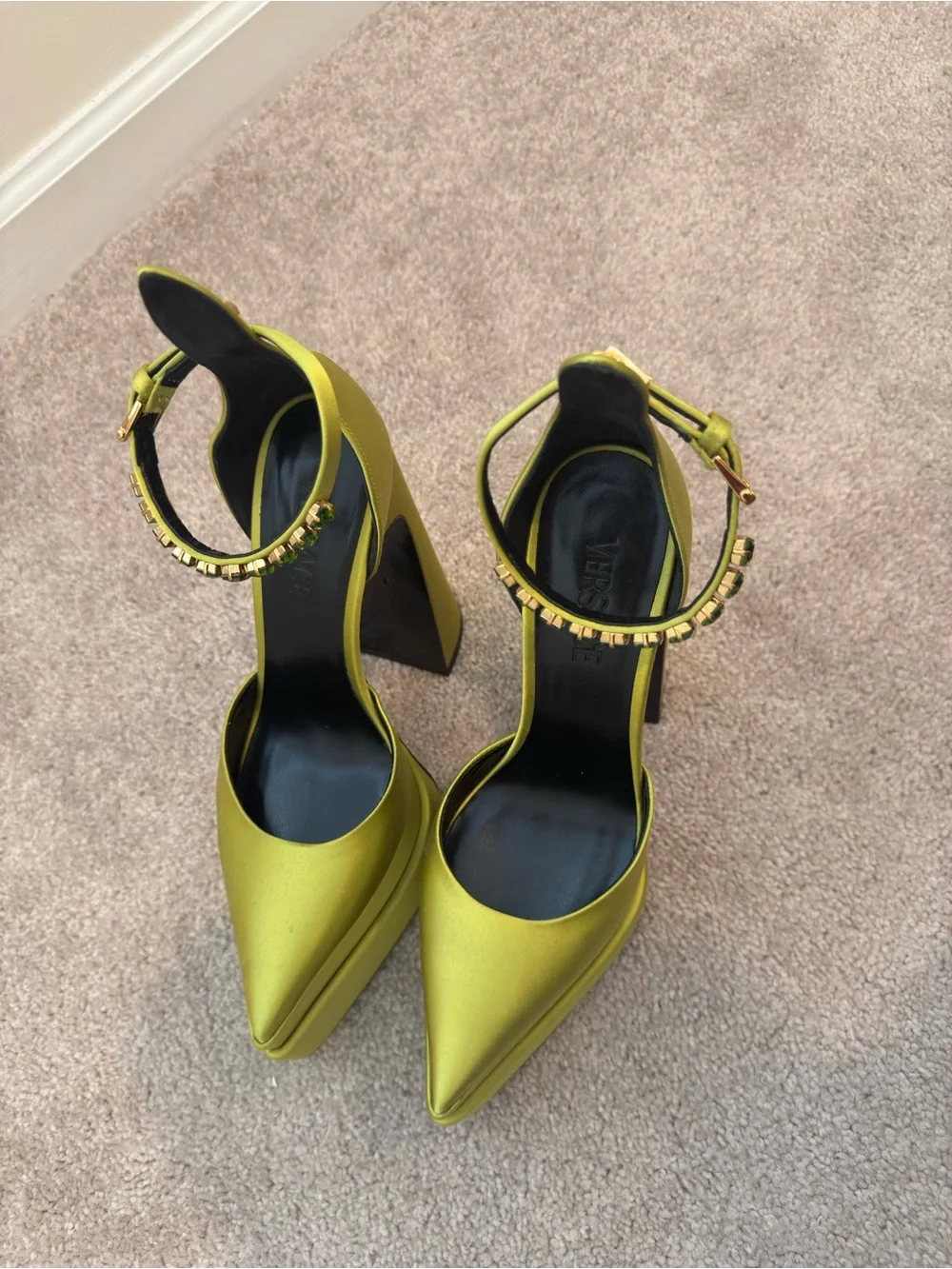 Versace Olive Green Platform Ankle-Strap Pumps with Embellished Buckle